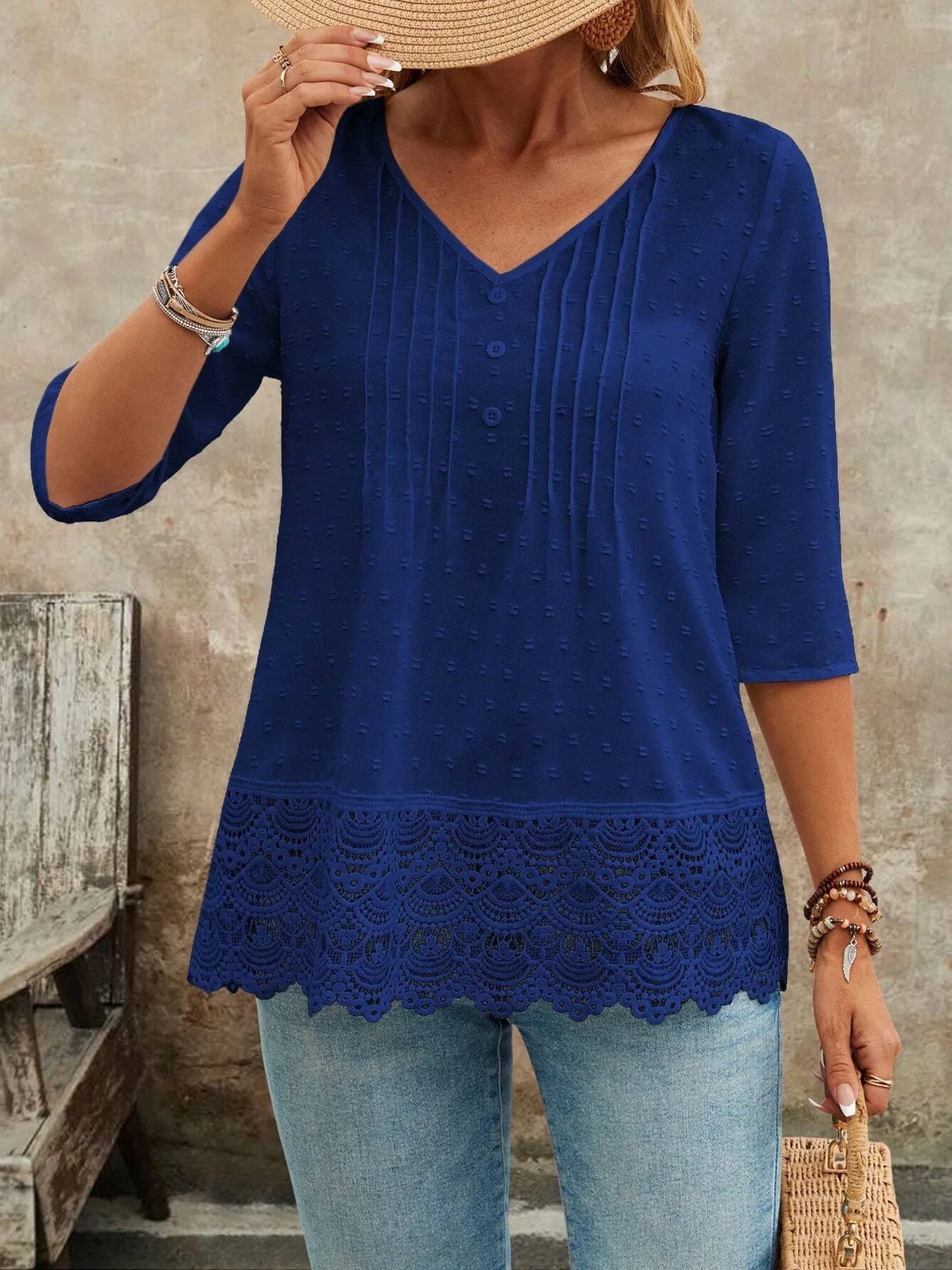 Lace Hem V-Neck Blouse 9eca37d6dfd8436eb47734f639181a1e-Max-Origin