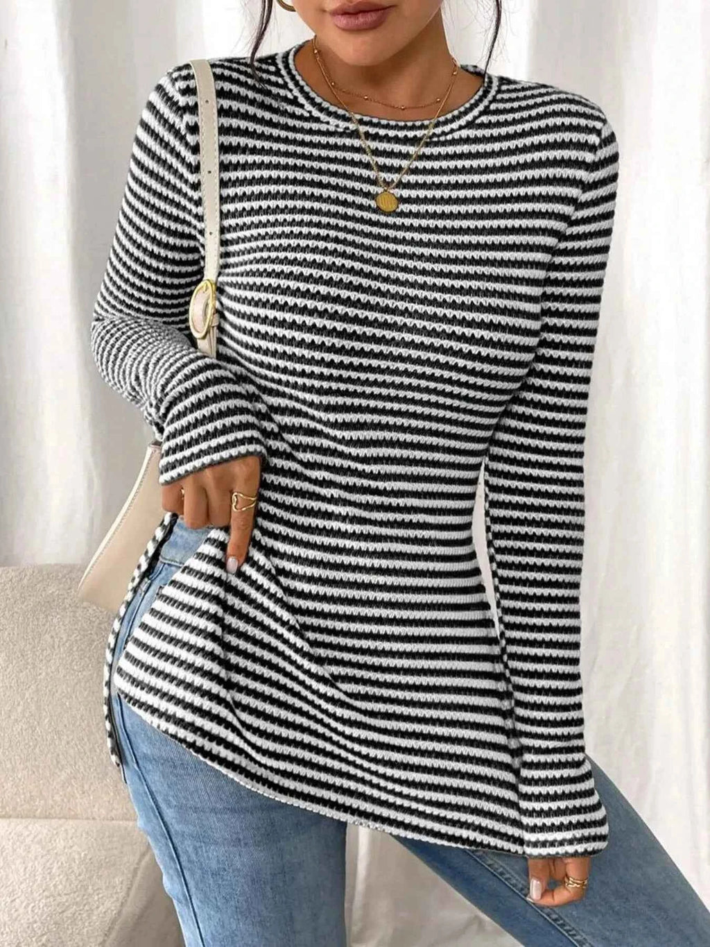 Side Slit Striped Long Sleeve T-Shirt 9ecb1583a7b34f07b561e8a7956669e1-Max-Origin