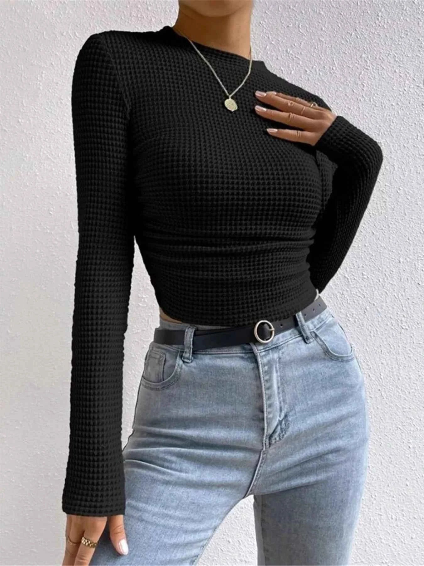Waffle Knit Long Sleeve T-Shirt 9ece0ca064d04bb586ce29a075865a60-Max-Origin