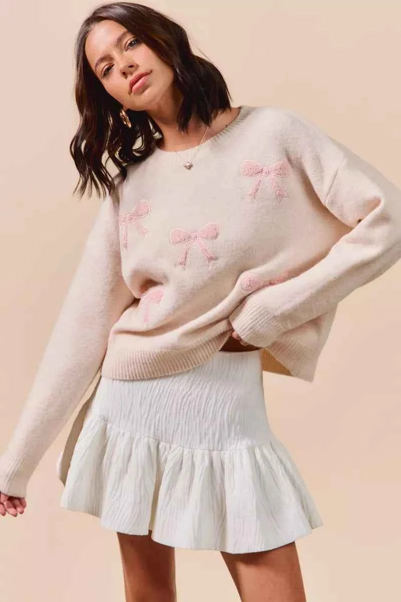 SO ME Embroidered Ribbon Round Neck Sweater 9ececf2dc013477eaa7ccb84e1d5f15d-Max-Origin