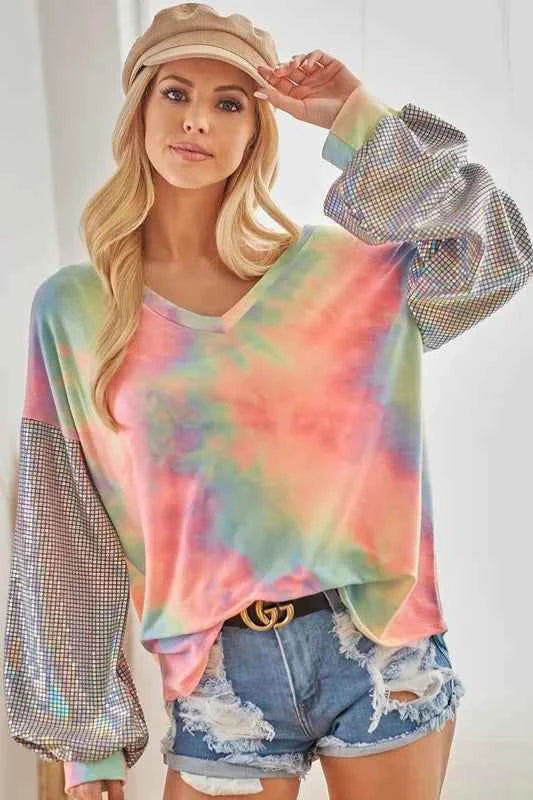 BiBi V Neck Tie Dye French Terry Top with Shiny 9edaf42b14324f12a0f893978a06fb16-Max-Origin