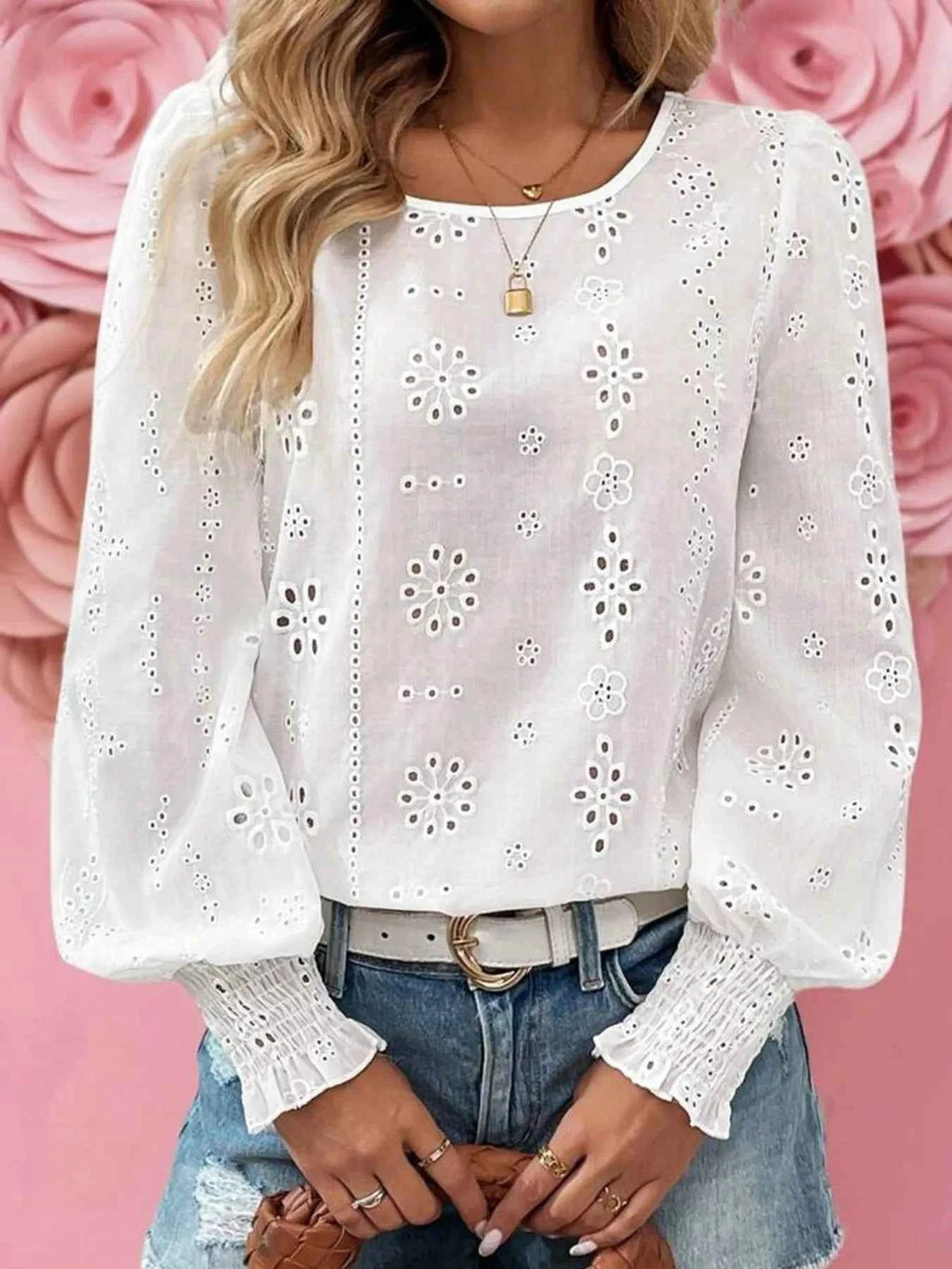 Eyelet Long Sleeve Blouse with Elastic Cuffs 9edc7c30-1805-4f79-8662-0fcbdcb930d8-Max-Origin