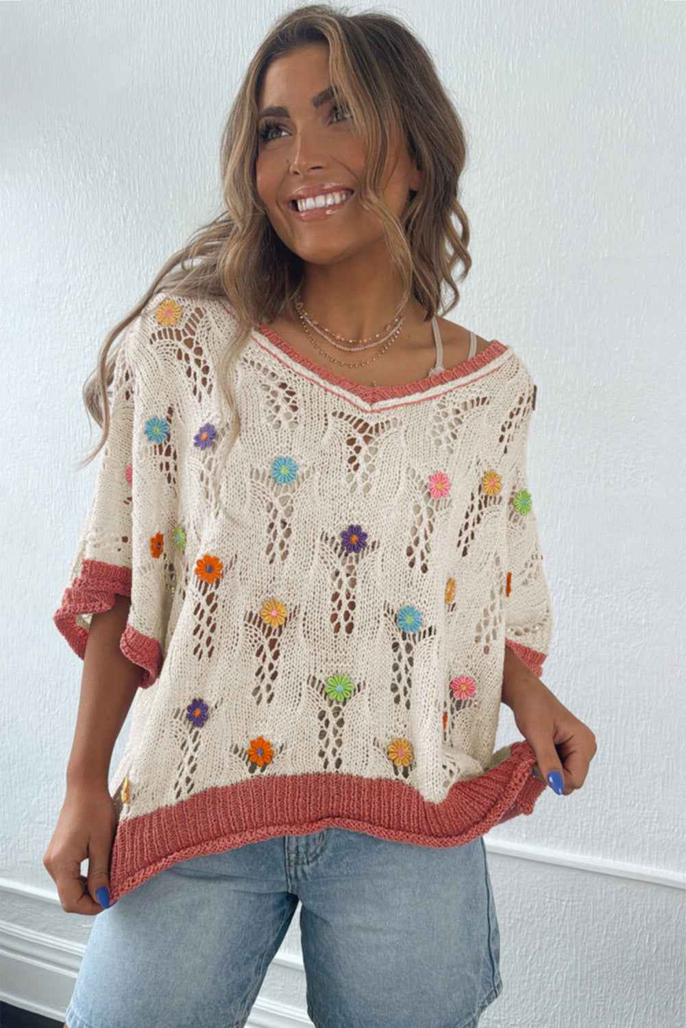 Delicacy Flowers Colorblock Edge Hollow Crochet Knit Top 9ee95c6d75cb2443