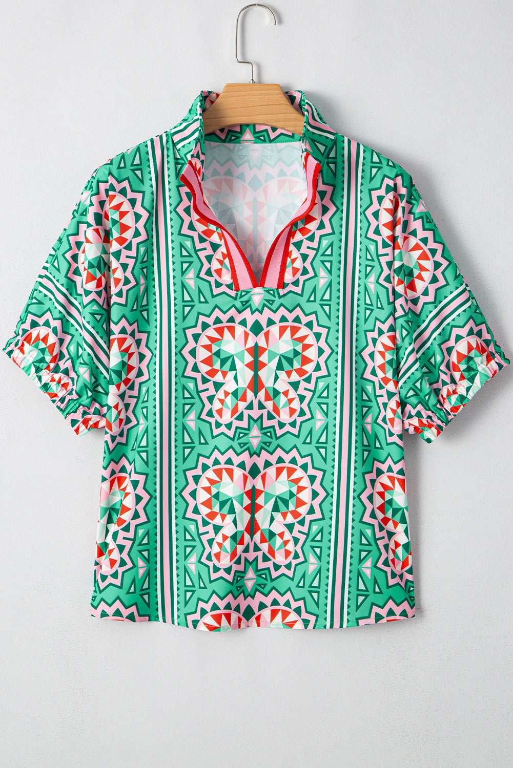 Sea Green Boho Geometric Print Pop of Color Neckline Blouse 9eea84d91e92f9a5-_8