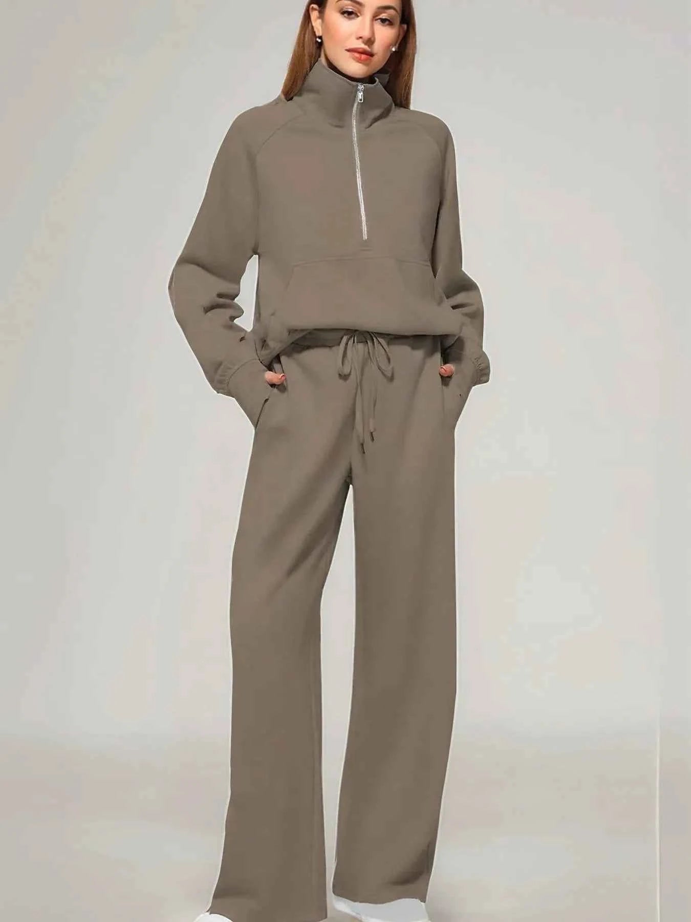 Half Zip Long Sleeve Top and Pants Set Brown 9efb2a4668e64890906713cb580245f6-Max-Origin