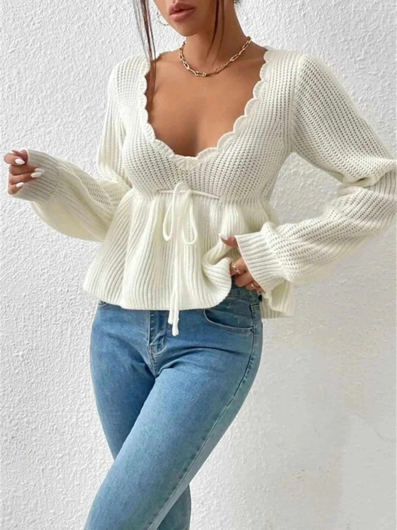 Scalloped V-Neck Drawstring Knit Top 9f027aeb0e2044339cc75613a7690f70-Max-Origin