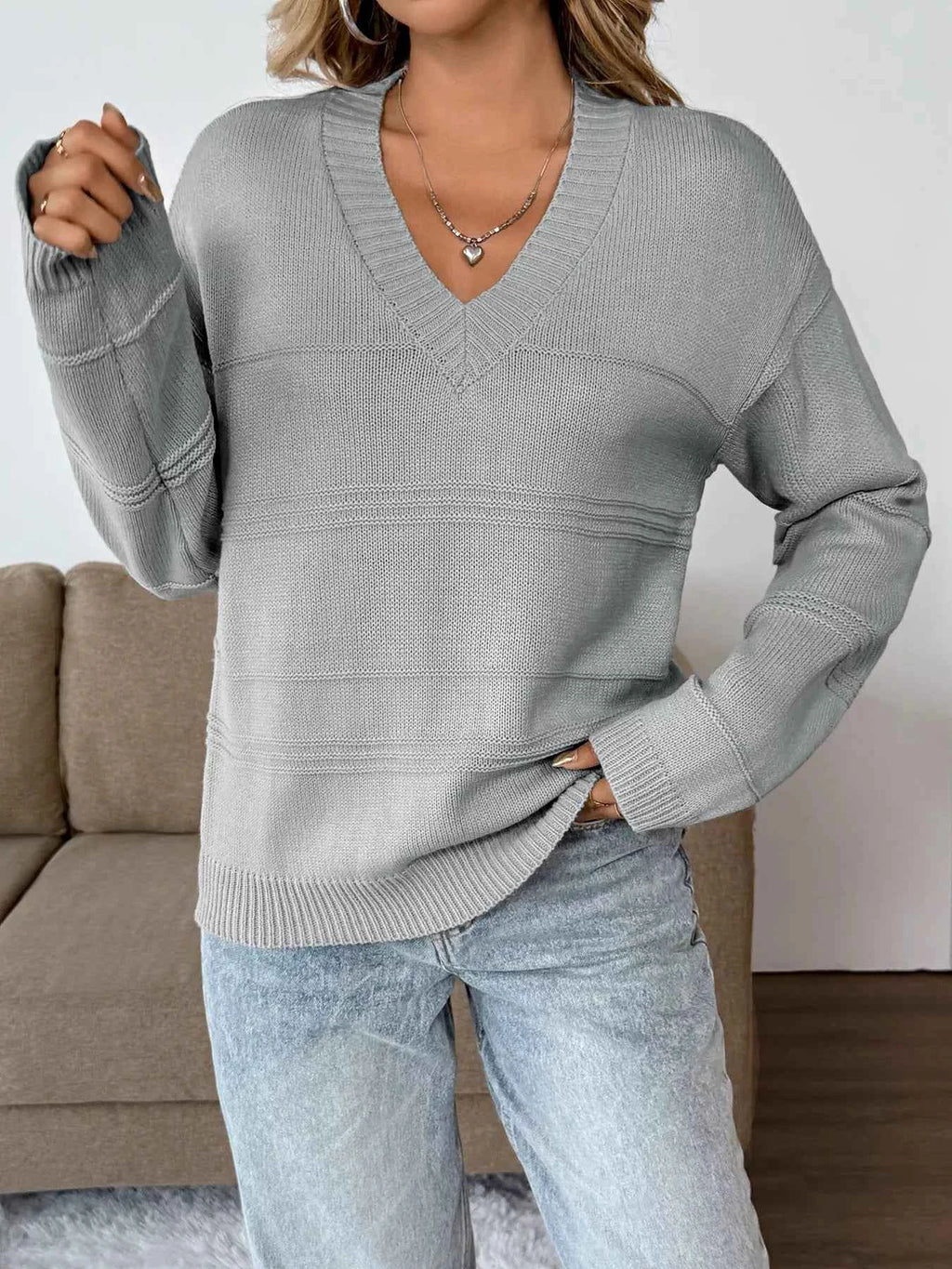 V-Neck Dropped Shoulder Sweater Gray 9f06ccb75e8e4d15b01cfdd4fb755716-Max-Origin