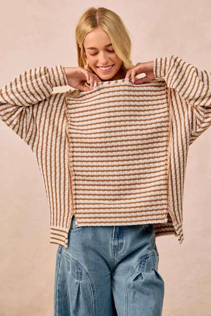 BiBi Open Seam Detail Textured Stripe Knit Top CAMEL 9f0de92887fb411b8eefd702449e3018-Max-Origin