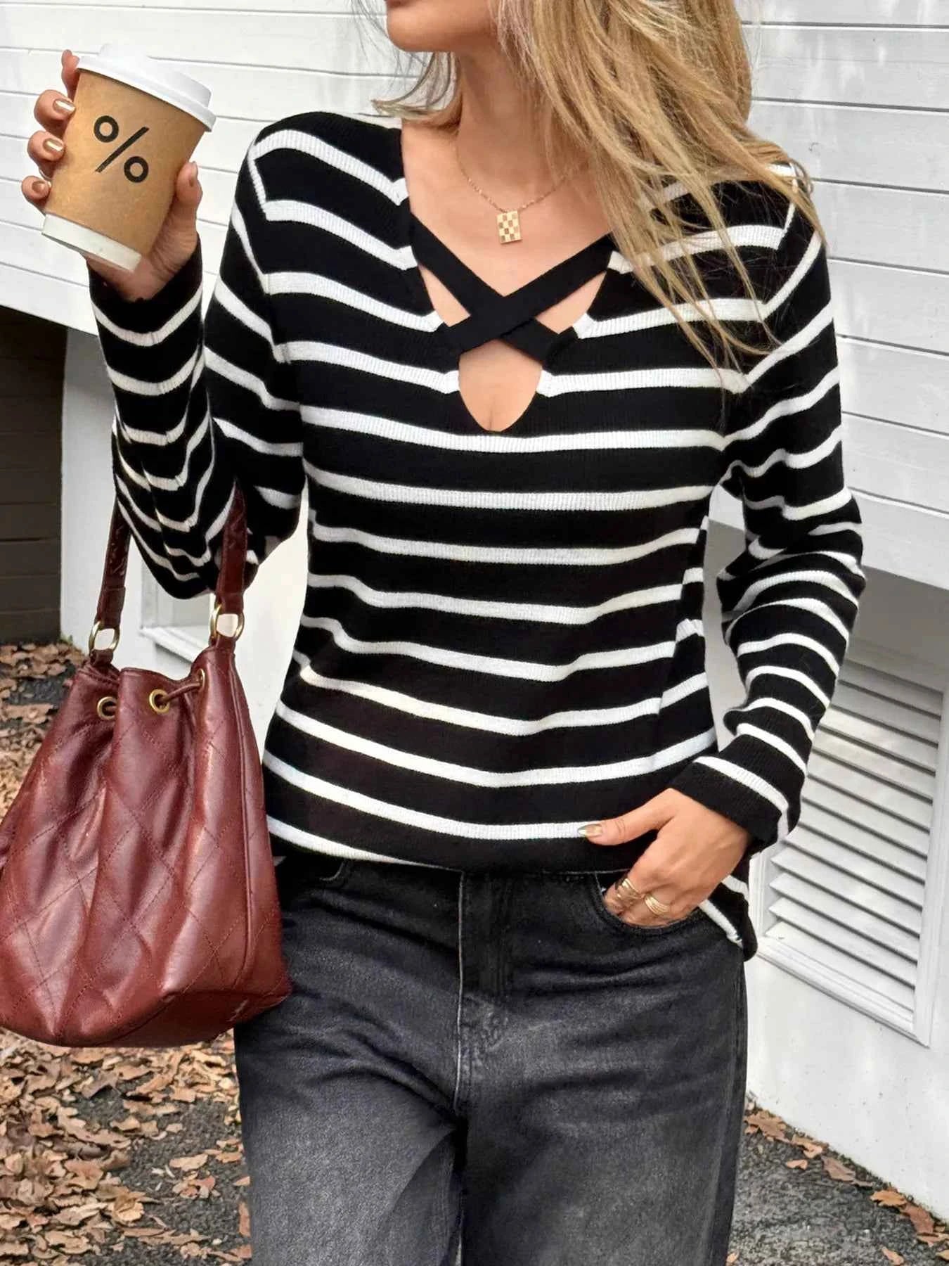 Striped Cross Front Long Sleeve Knit Top Black 9f0e17d94e9d48378de8ac619a1ffcdd-Max-Origin