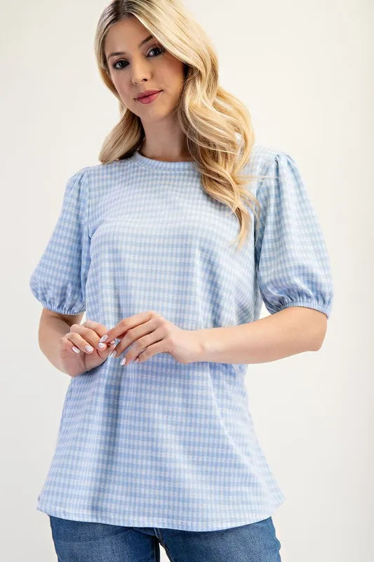 Celeste Full Size Gingham Print Top With Puff Sleeves Plus Size Light Blue 9f1f6af4-9c20-4729-8c44-cf7c83c0a4bc-Max