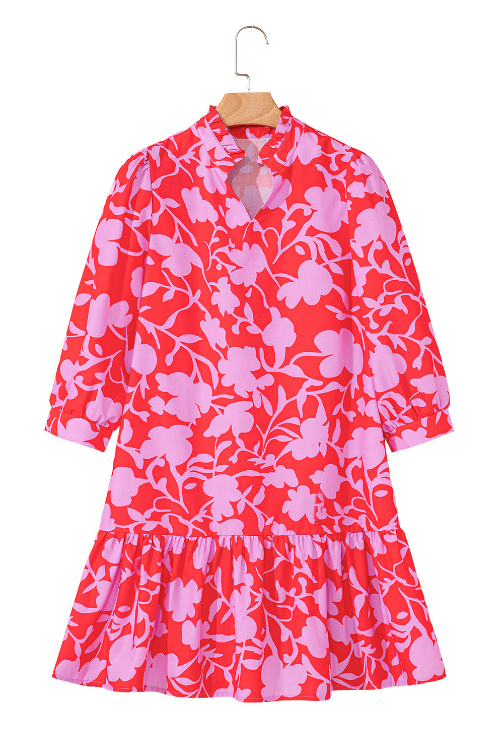 Red Floral 3/4 Sleeve Ruffle Hem Mini Dress 9f3bb2ad7fc65d9a