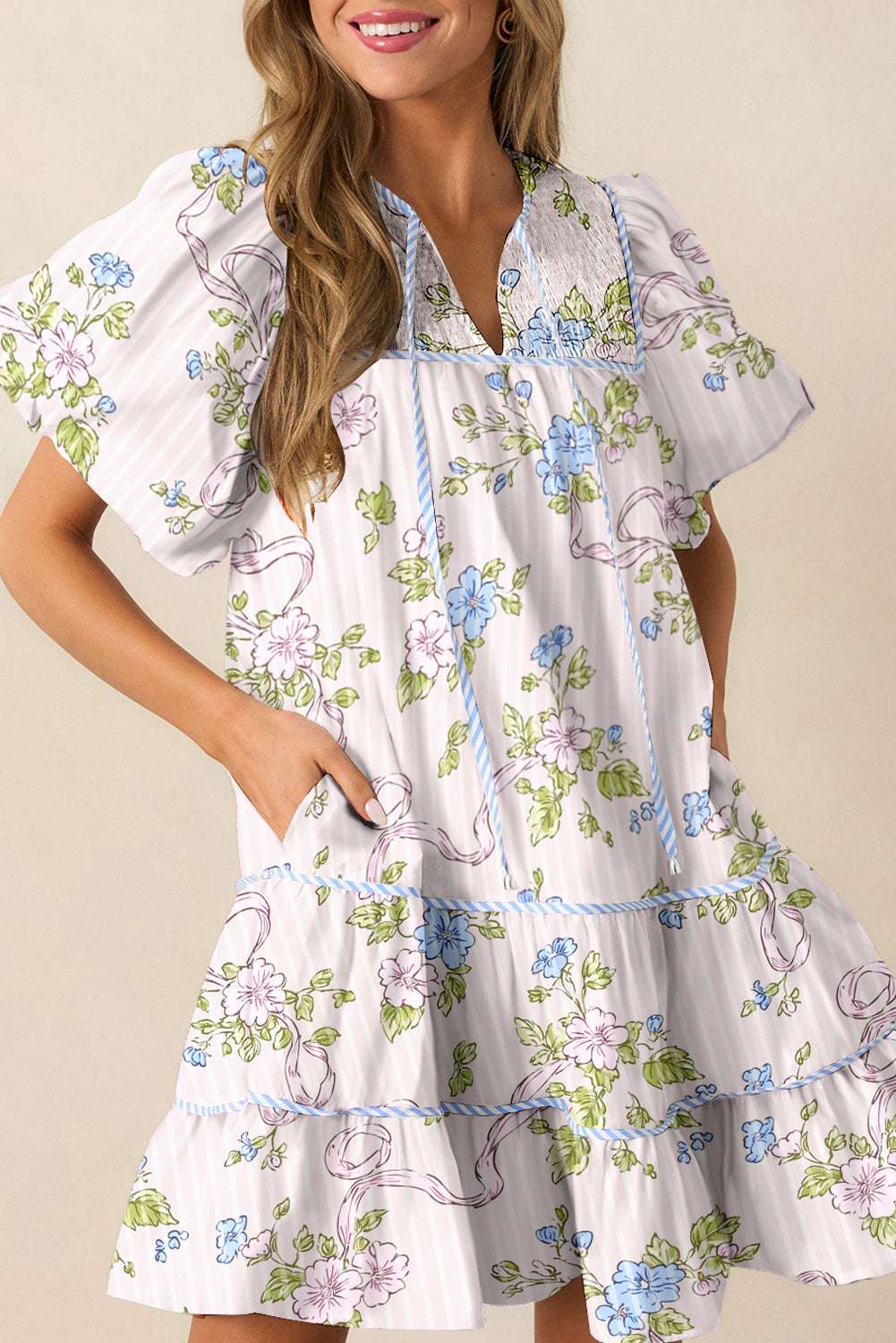 Pink Floral Striped Print Contrast Trim Tie Split Neck Mini Dress Pink 9f446b9a8c5b9a2d-_1