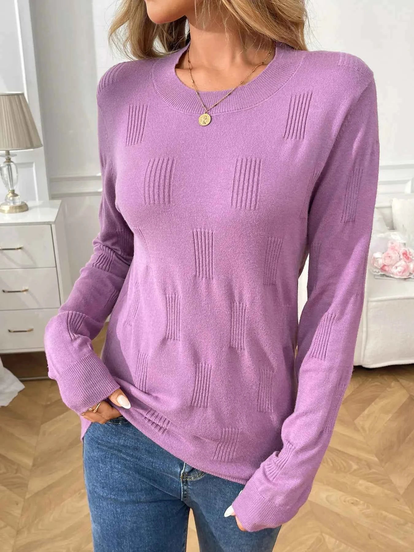 Round Neck Long Sleeve Knit Top Violet 9f44825856974a4380ad9e5ea2211f9f-Max-Origin