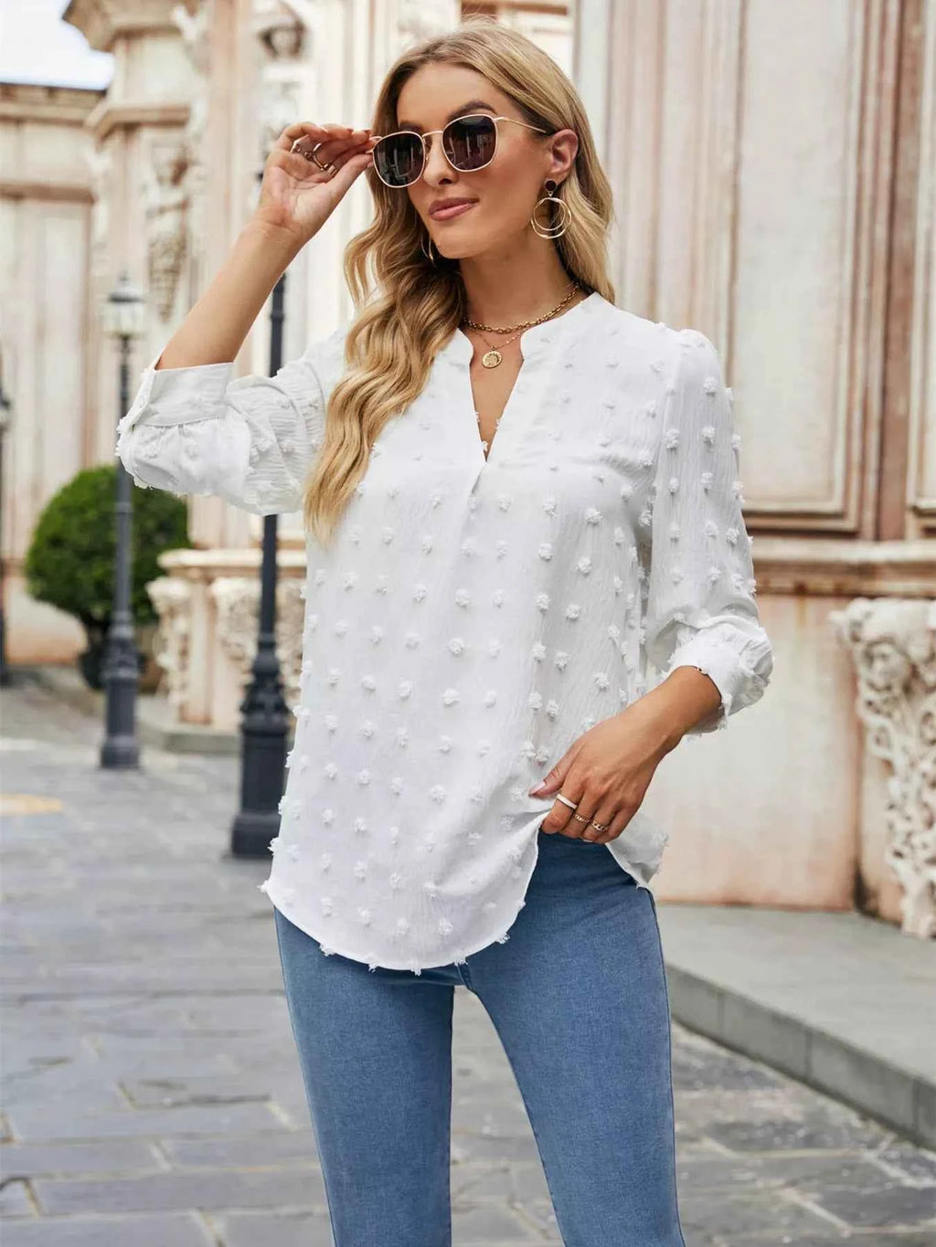 Swiss Dot Notched 3/4 Sleeve Blouse 9f46892e5e7b4186850231b7af0c9161-Max-Origin