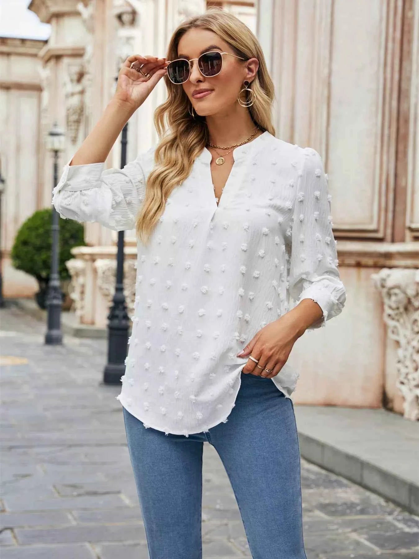Swiss Dot Notched 3/4 Sleeve Blouse 9f46892e5e7b4186850231b7af0c9161-Max-Origin