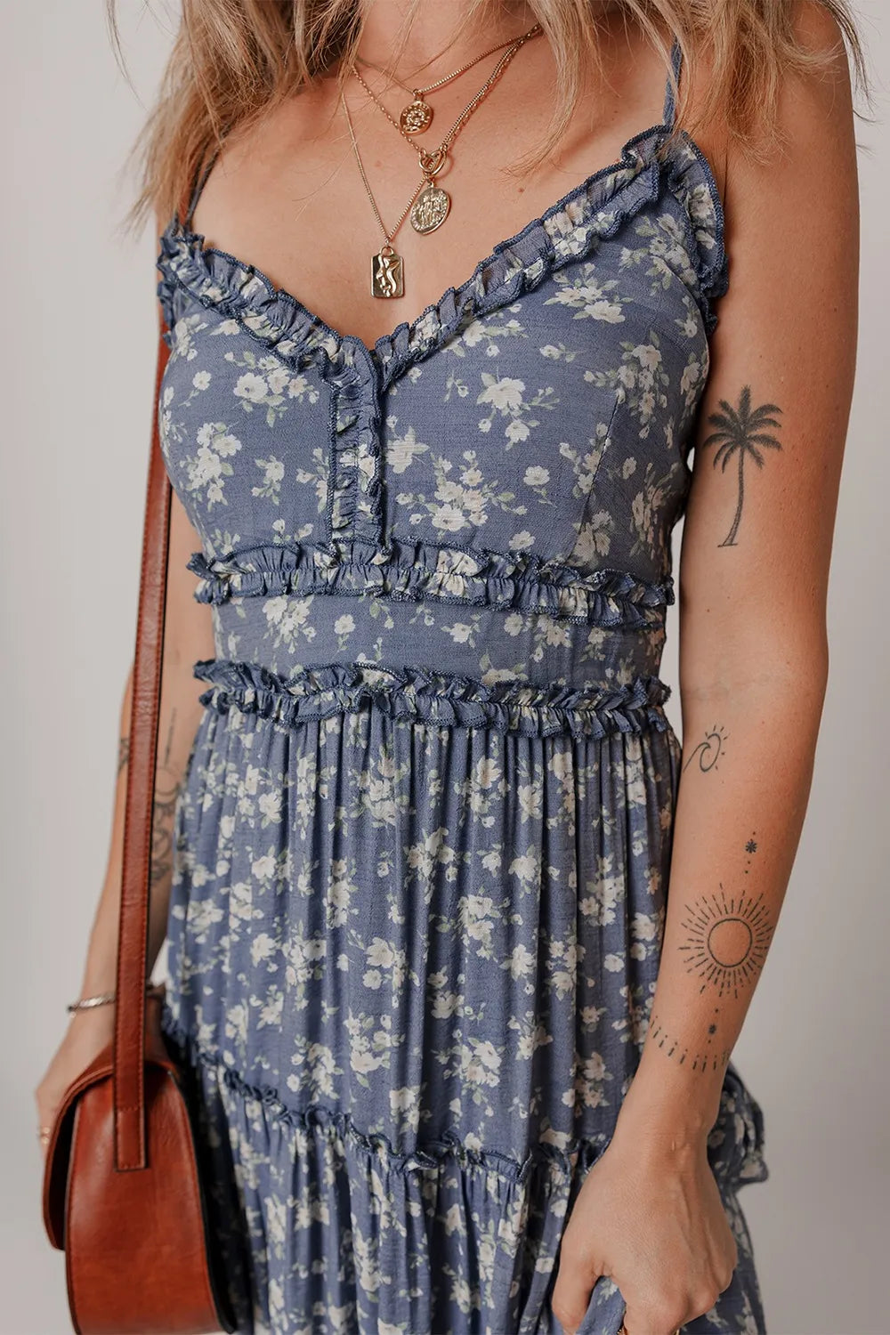 Floral Spaghetti Strap Frilled V Neck Tiered Midi Dress 9f489345-2f4b-47d7-9dc3-851e32ef8d48-Max