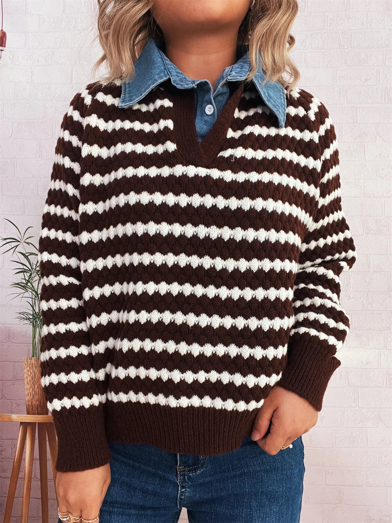 Contrast Striped Sweater with Denim Collar Brown One Size 9f537ed7ebbb449aaaf104110bfedb07-Max-Origin