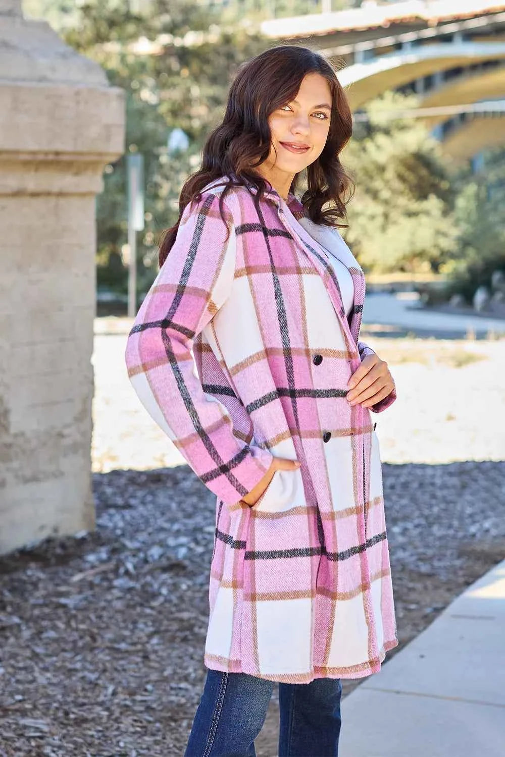 Double Take Full Size Plaid Button Up Lapel Collar Coat 9f6c1f6bd55d45eea64f495549b8c4aa-Max