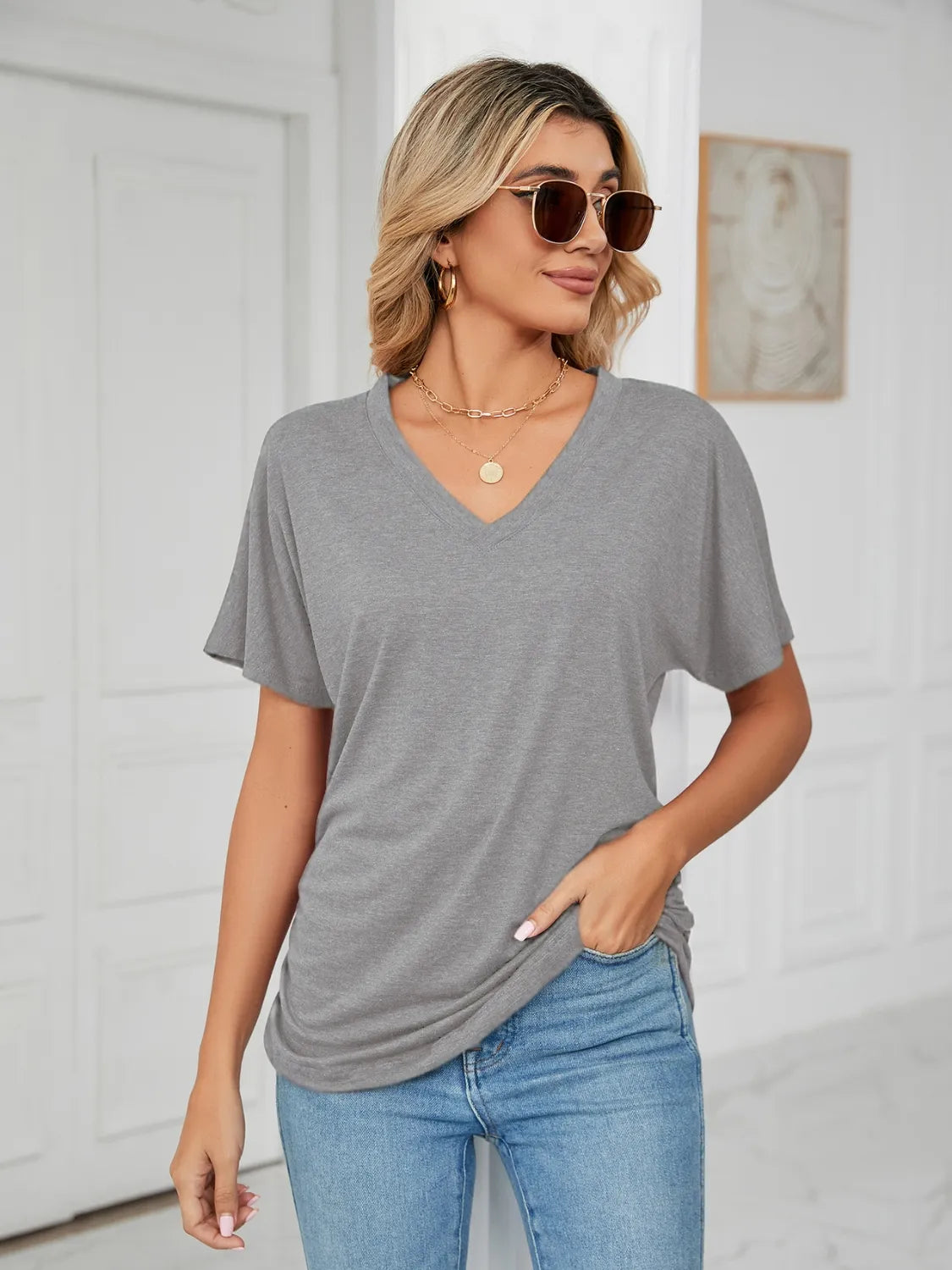 V-Neck Short Sleeve T-Shirt Gray 9f8e15ac-def5-479a-8e75-f0cb7d77607d-Max-Origin