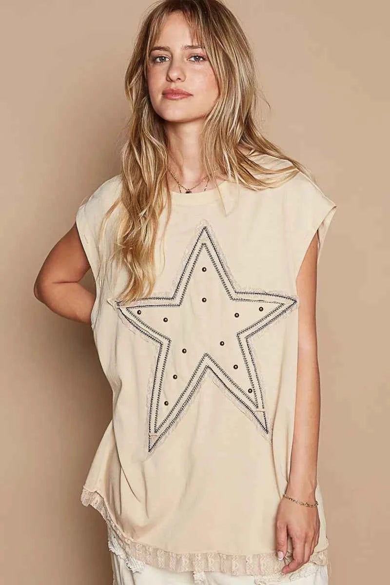 POL Star Patch Studded Sleeveless T-Shirt with Lace Hem 9f909e40-722f-4b19-b379-9aa90b9ec81c-Max-Origin