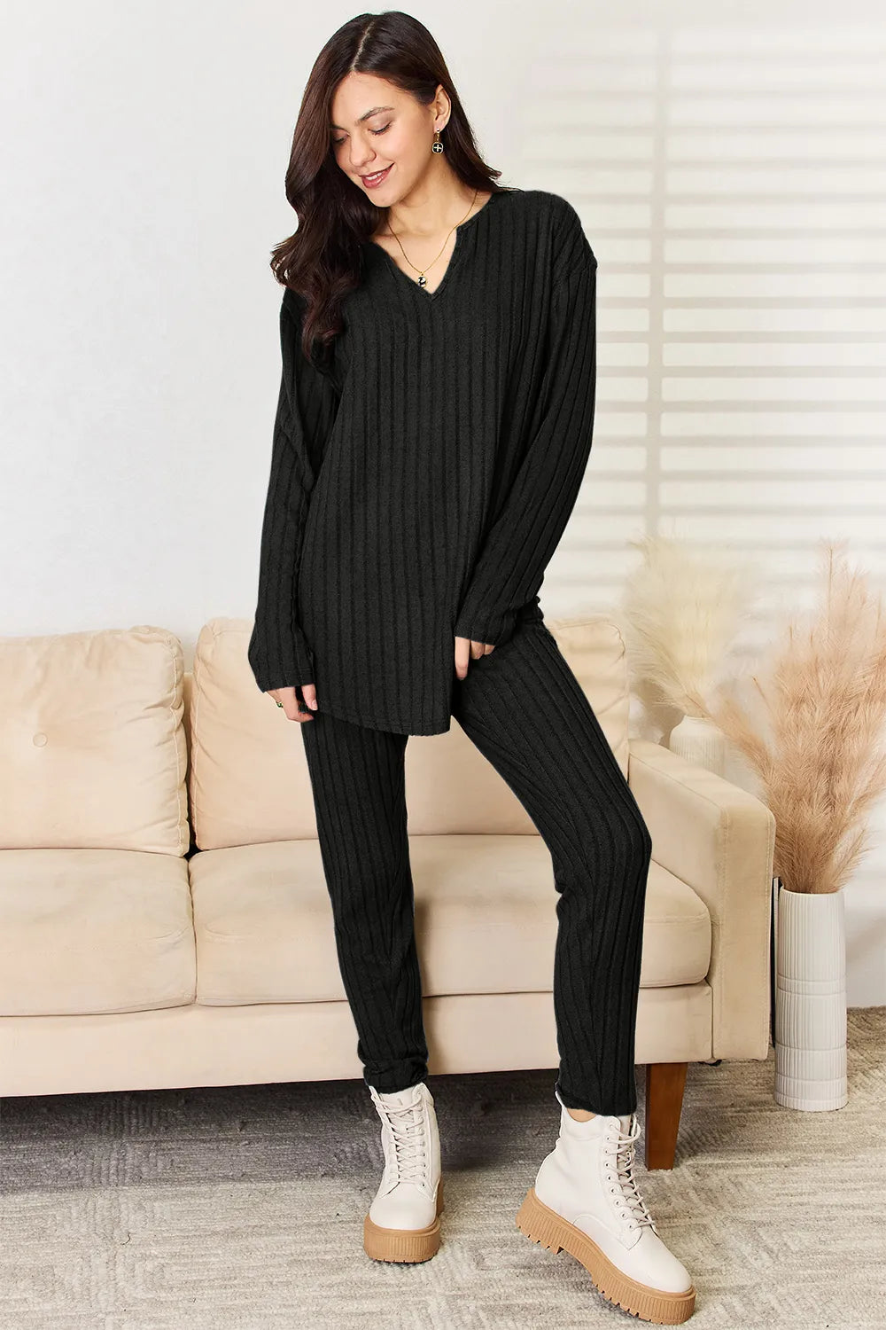 Basic Bae Full Size Notched Long Sleeve Top and Pants Set 9fb18e6e-59eb-43aa-83bf-ce644a9027ab-Max