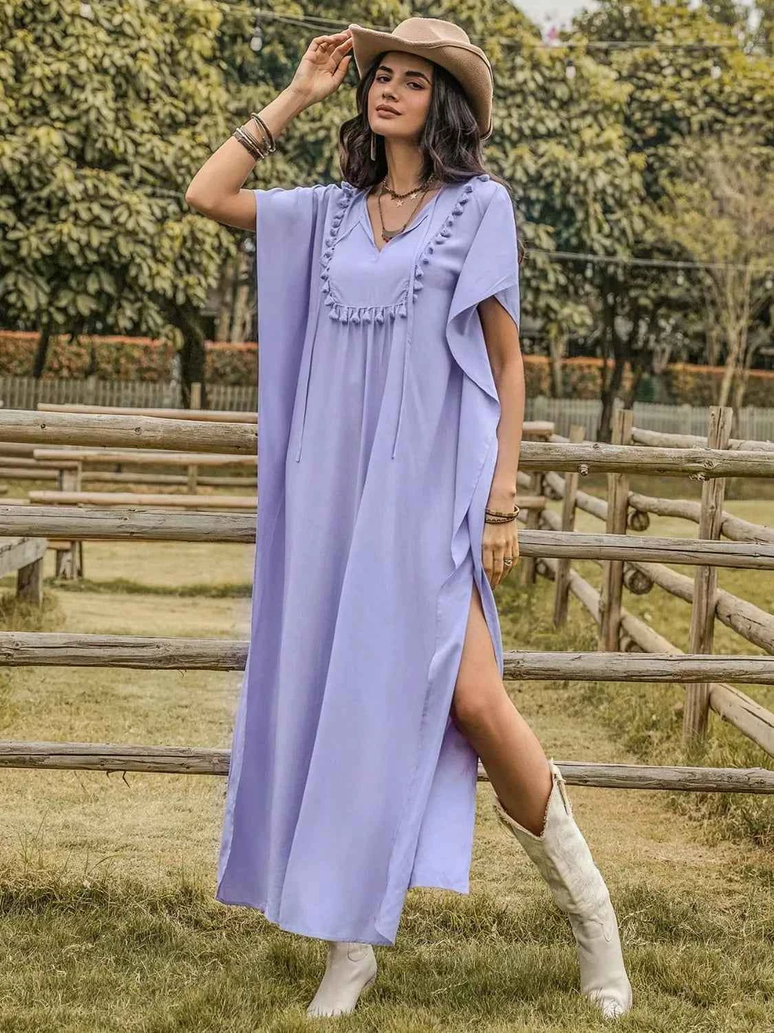 Side Slit Tie Neck Flutter Sleeve Dress 9fb84c92-04d3-4334-8b78-dd871144e181-Max-Origin