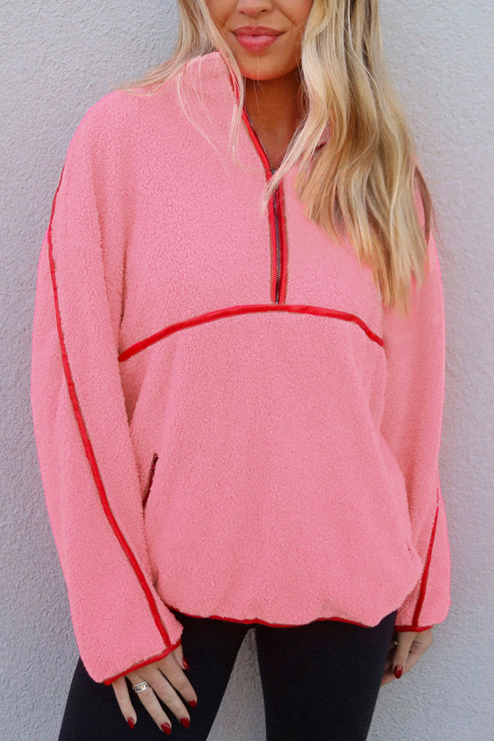 Strawberry Pink Long Sleeve Kangaroo Pocket Sweatshirt Strawberry Pink 100%Polyester 9fd952f42b2eb072