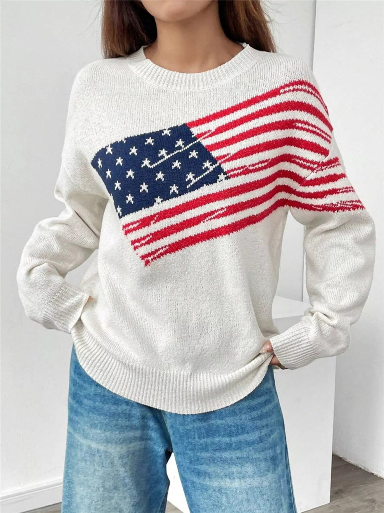 US Flag Round Neck Long Sleeve Sweater 9fec2b374376458693e6be8c53362c07-Max-Origin