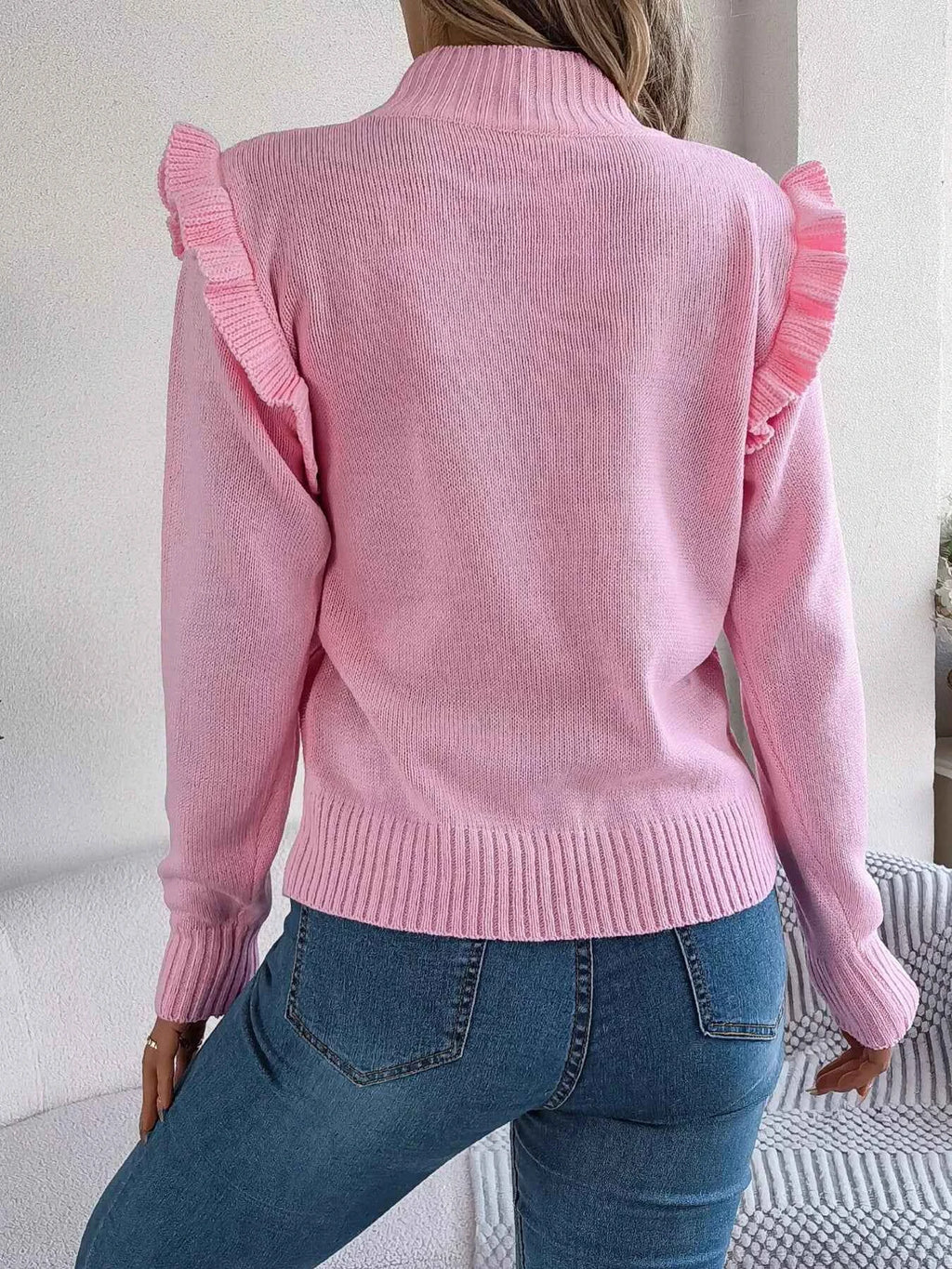 Mock Neck Ruffle Trim Long Sleeve Sweater 9ffef58ff44d418c8969cf79e668fbde-Max-Origin