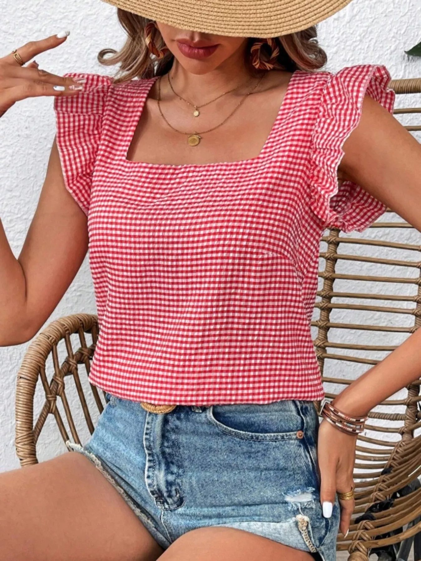 Gingham Ruffle Sleeve Square Neck Blouse Scarlet a00b64ac-cbe8-4bd0-b222-1cf97e6ed997-Max-Origin