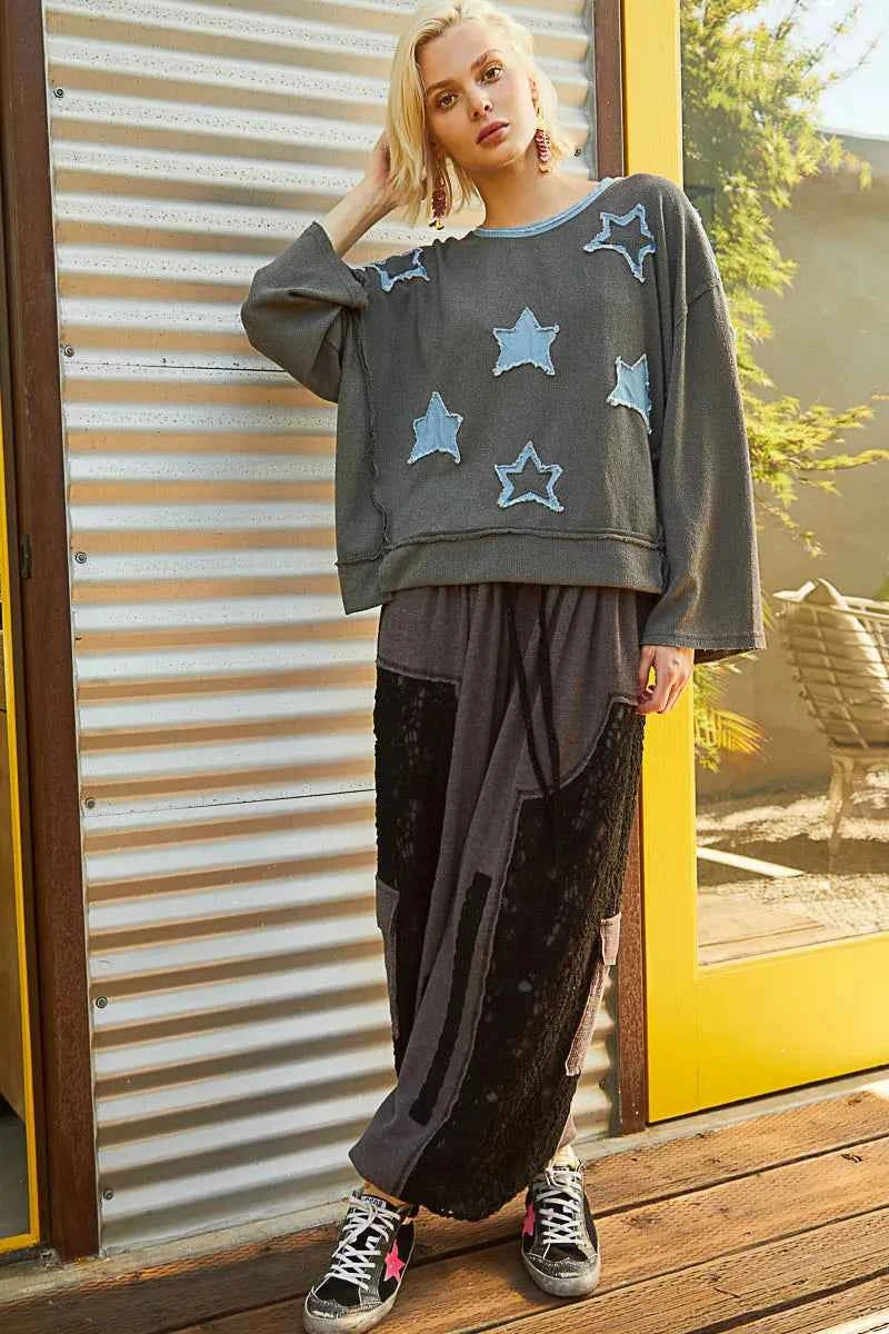 POL Exposed Seam Relaxed Fit Sweater with Star Denim Patch a01307bb-cd79-484a-8553-f6ddc83ed0ec-Max-Origin