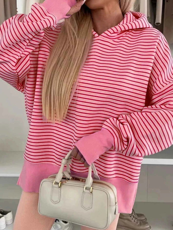 Striped Oversized Hoodie with Kangaroo Pocket Pink a042626a32a547c193608b5de9c20166-Max-Origin