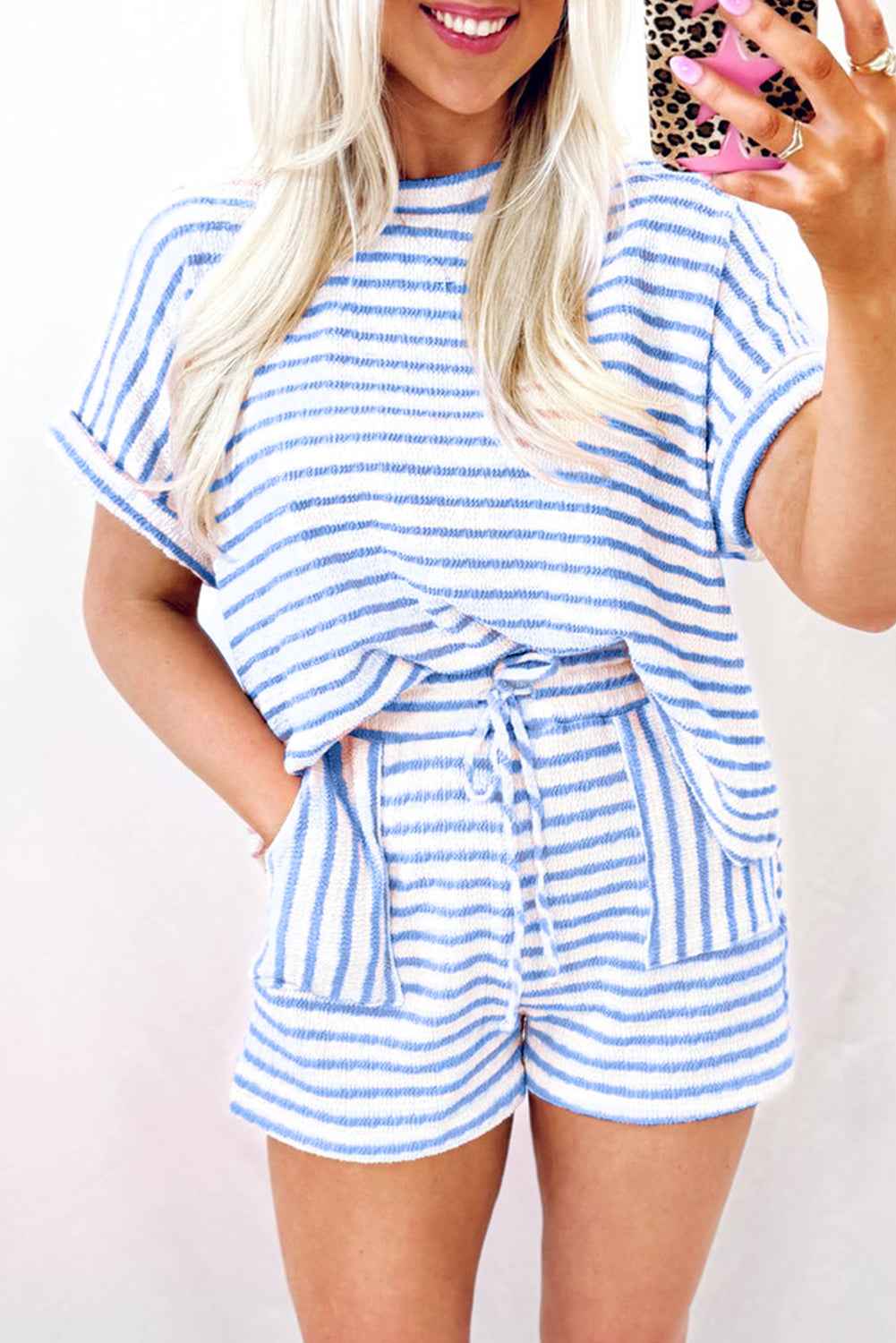 Sky Blue Striped Print Short Sleeve Top and Pocket Shorts Set Sky Blue Stripe a05022750d83f064
