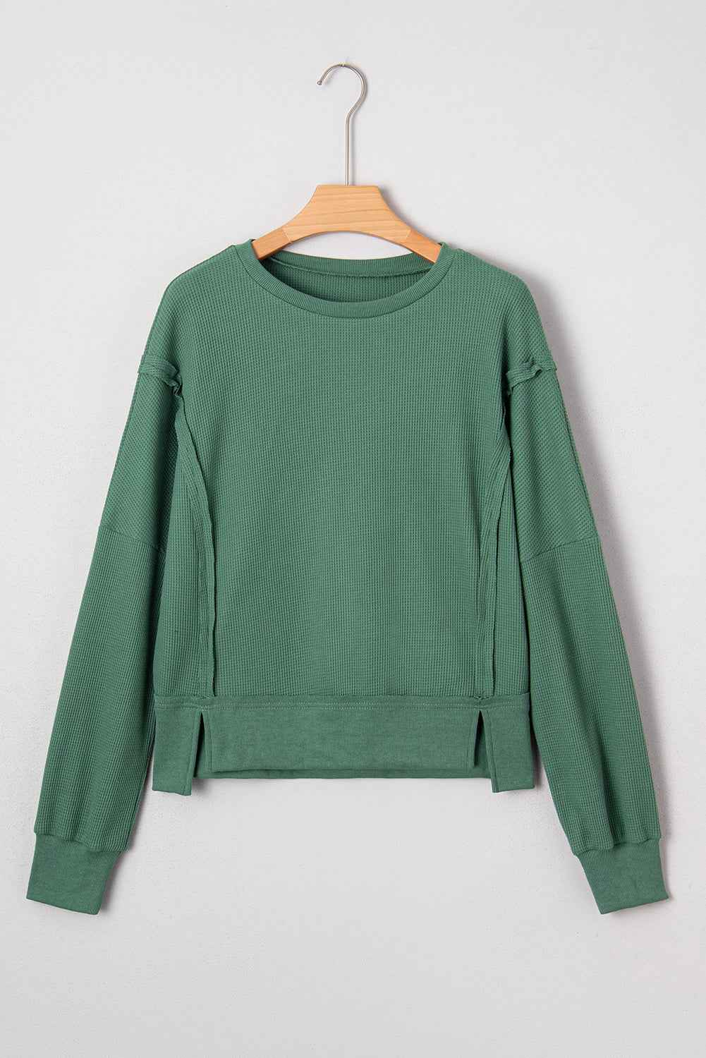 Evergreen Solid Color Raw Seam Patchwork Ribbed Drop Shoulder Sweatshirt a052d72f6fc58040