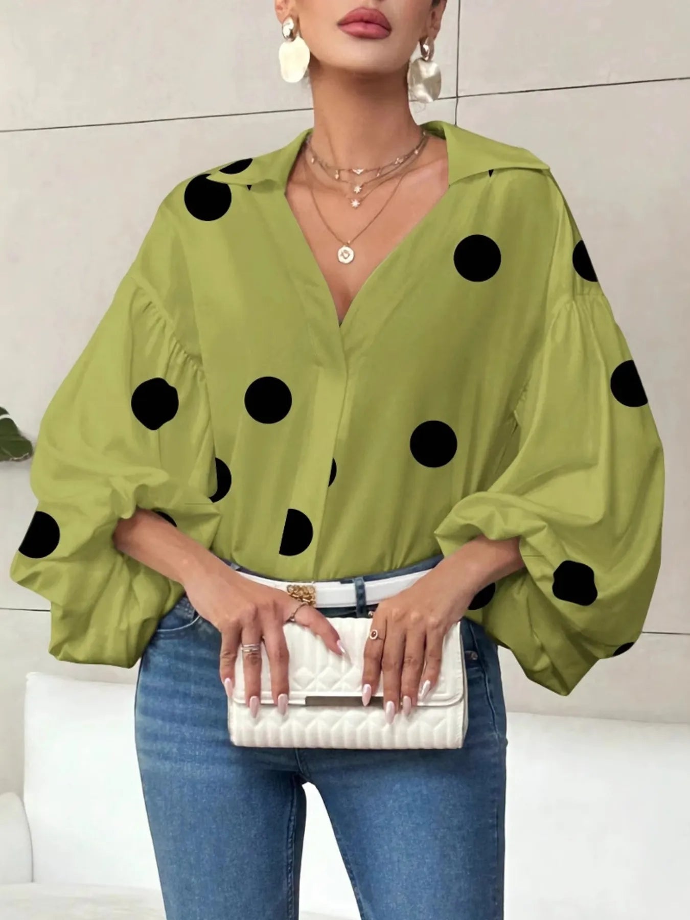 Polka Dot Balloon Sleeve Blouse Matcha Green Polka Dots a06121cfde8b4b20b08dc85dc571dd03-Max-Origin