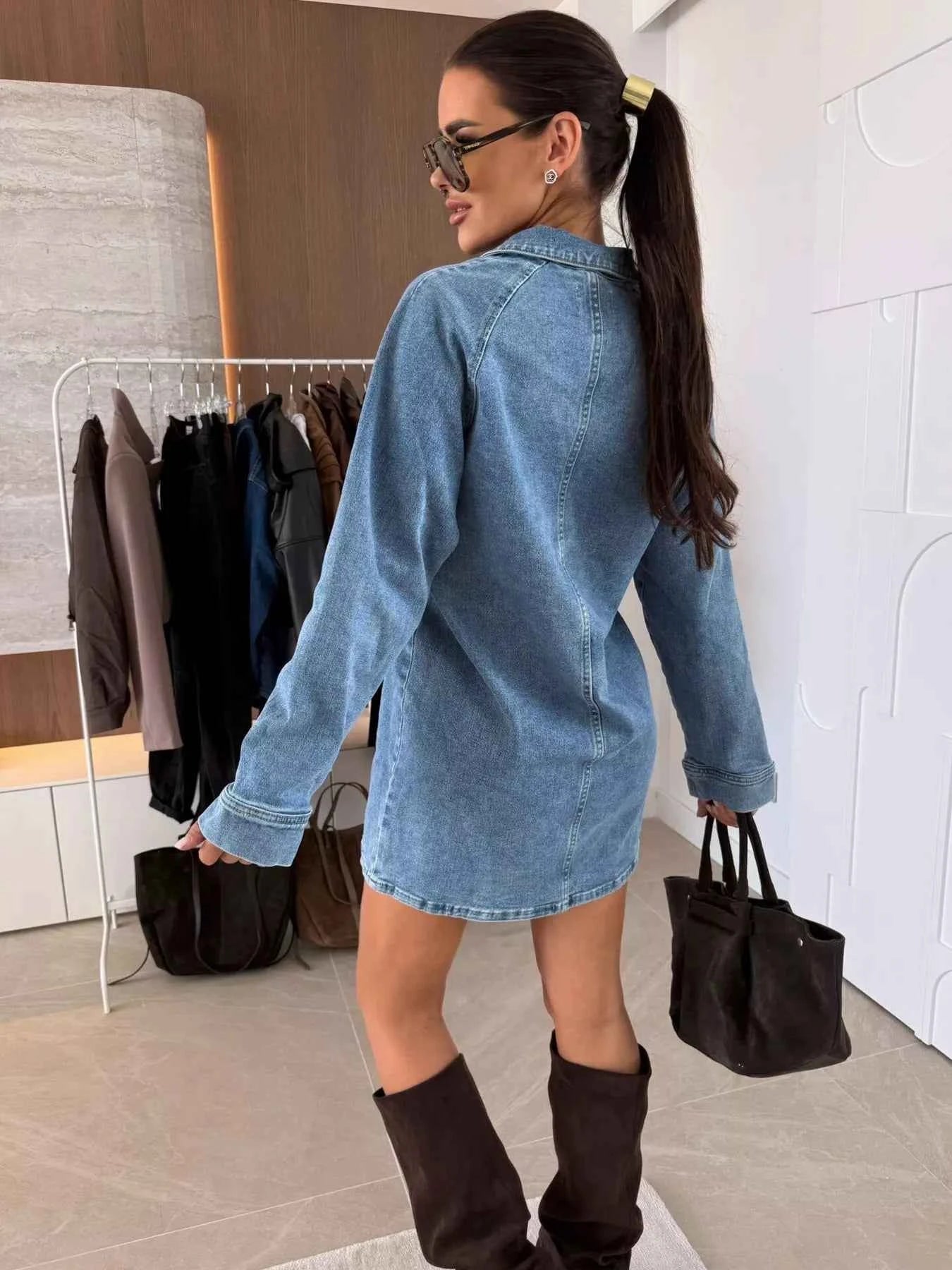 Collared Neck Long Sleeve Denim Dress a06949c158ad450fab04281396c97e37-Max-Origin