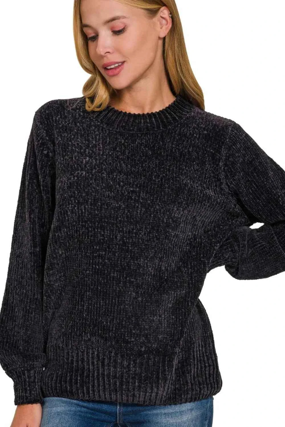 Zenana Round Neck Balloon Sleeve Chenille Sweater BLACK a06c6982-910f-4ed0-88bd-86467d2ad3e6-Max-Origin