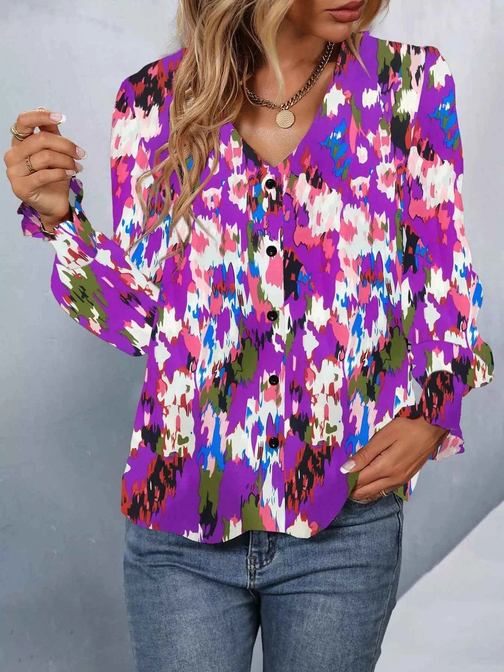 Printed Button Up Long Sleeve Shirt a0817965-67fa-4085-b788-0abd992571ba-Max-Origin
