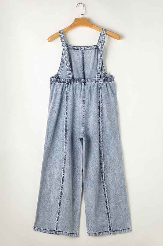 Denim Frayed Reverse Seam Wide Leg Overall a090daee-71f5-425c-84fa-870916dd5962