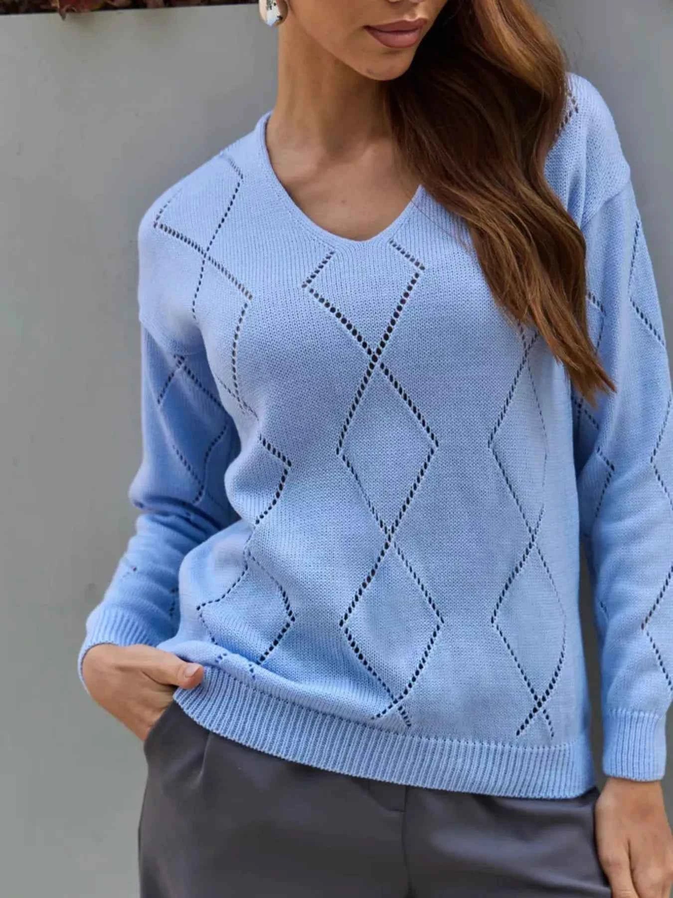 Openwork V-Neck Long Sleeve Sweater Light Blue a0973bc37ea0406585e0600d90a8ed82-Max-Origin