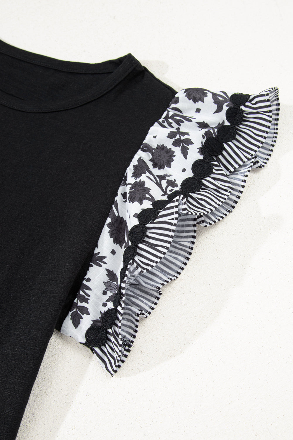 Blue Floral Striped Patchwork Flutter Sleeve Blouse a09b028df3f8493e