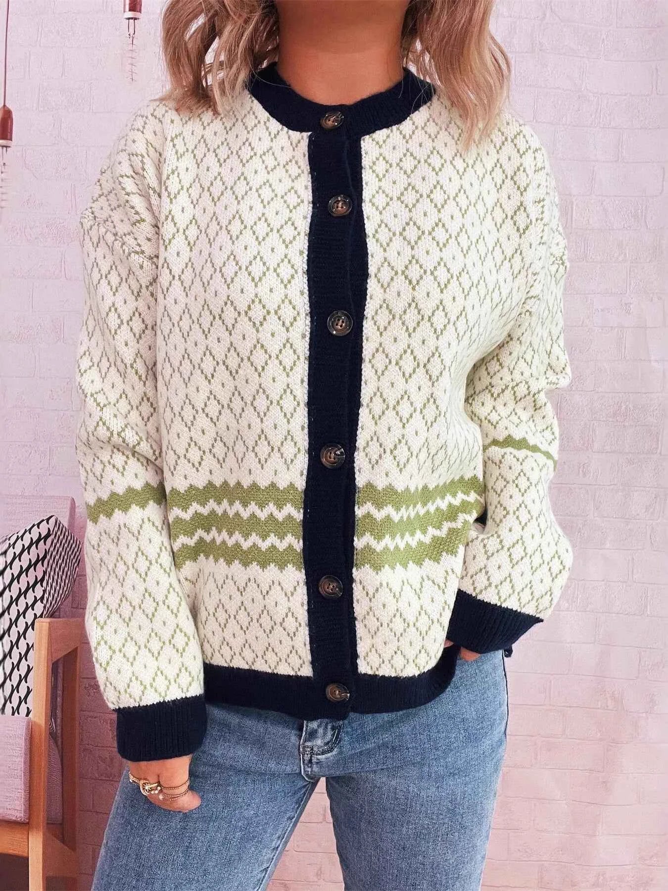 Geometric Pattern Button Up Cardigan Green One Size a09ee70ad40649b3be4473a4d4a0c64a-Max-Origin