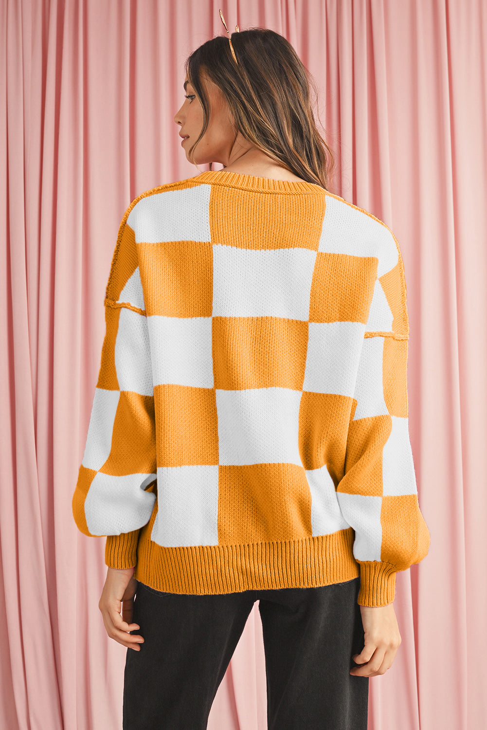 Orange & White Plaid Exposed Seam Bishop Sleeve Sweater a0a8a756f5685ca2