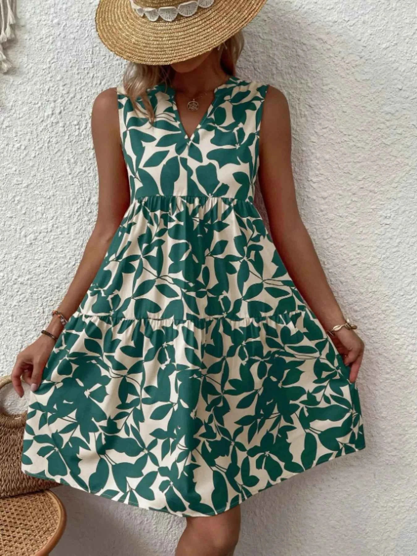 Full Size Printed Notched Sleeveless Mini Dress Plus Size Green a0ac868741a84407a228fd86be602cd9-Max-Origin
