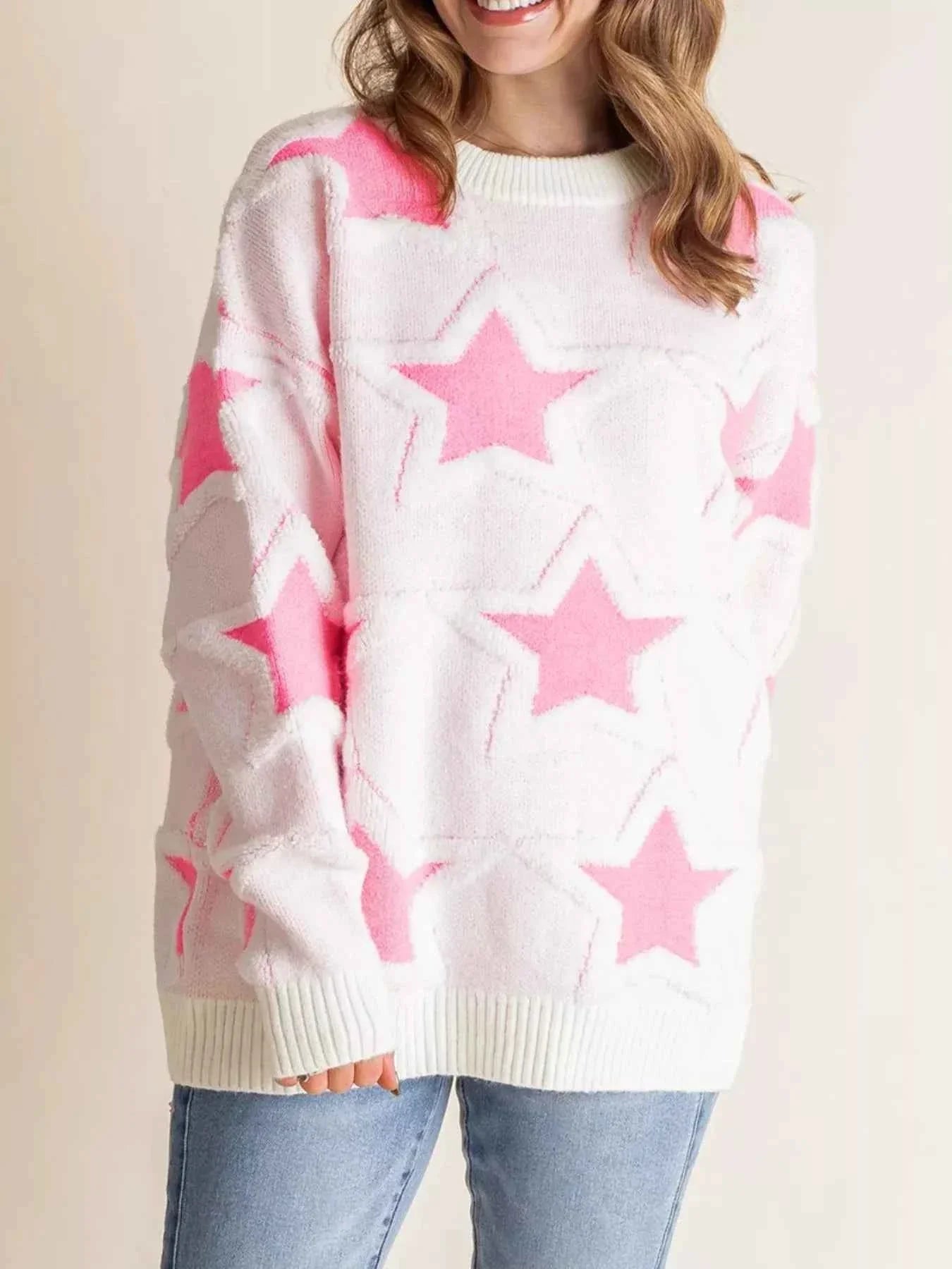 Oversized Star Pattern Ribbed Edge Drop Shoulder Sweater Blush Pink a0bbbc28-e342-4c97-9819-8e8110d85c6a-Max-Origin