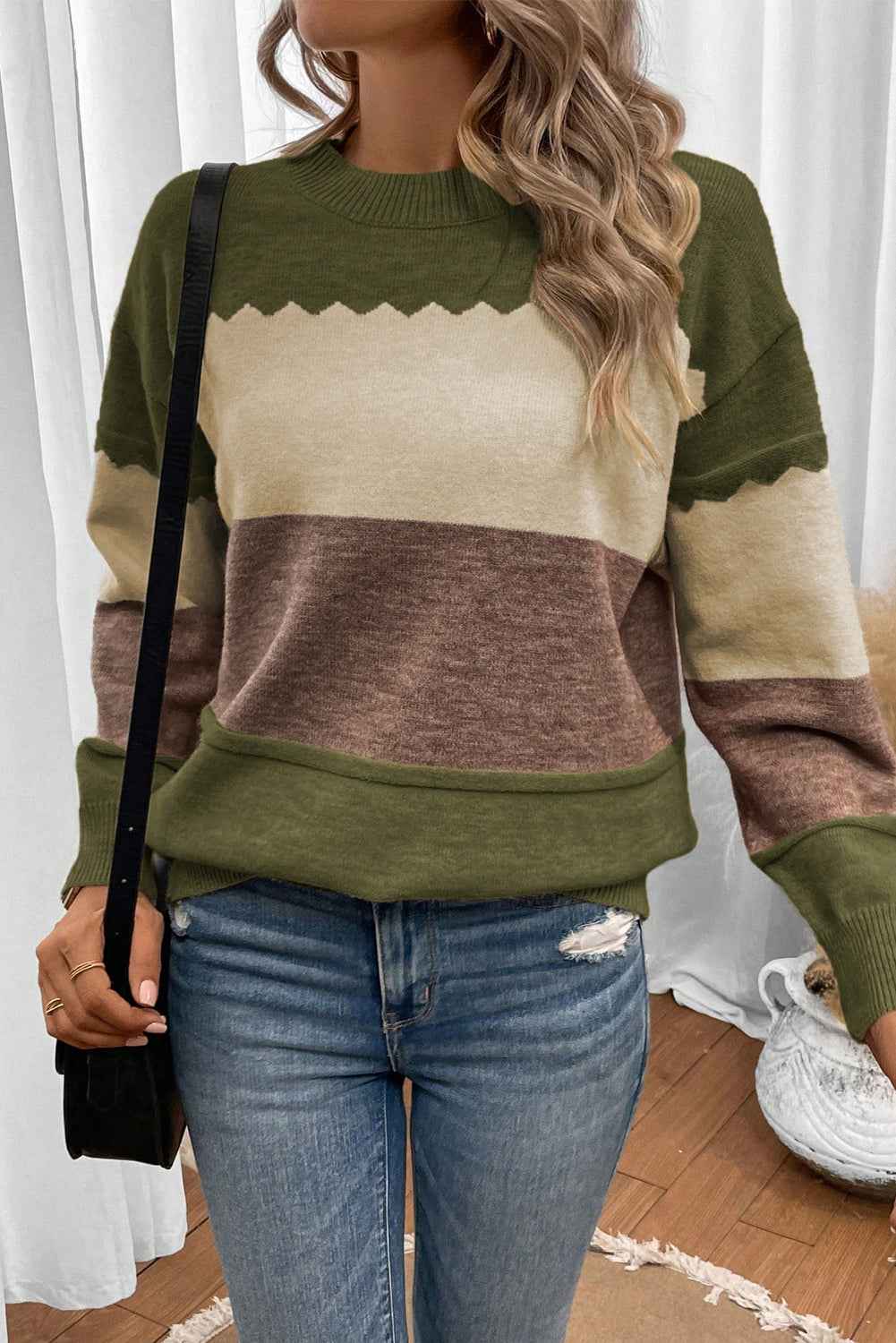 Black Colorblock Crew Neck Drop Shoulder Sweater a0bc414baa11d52d