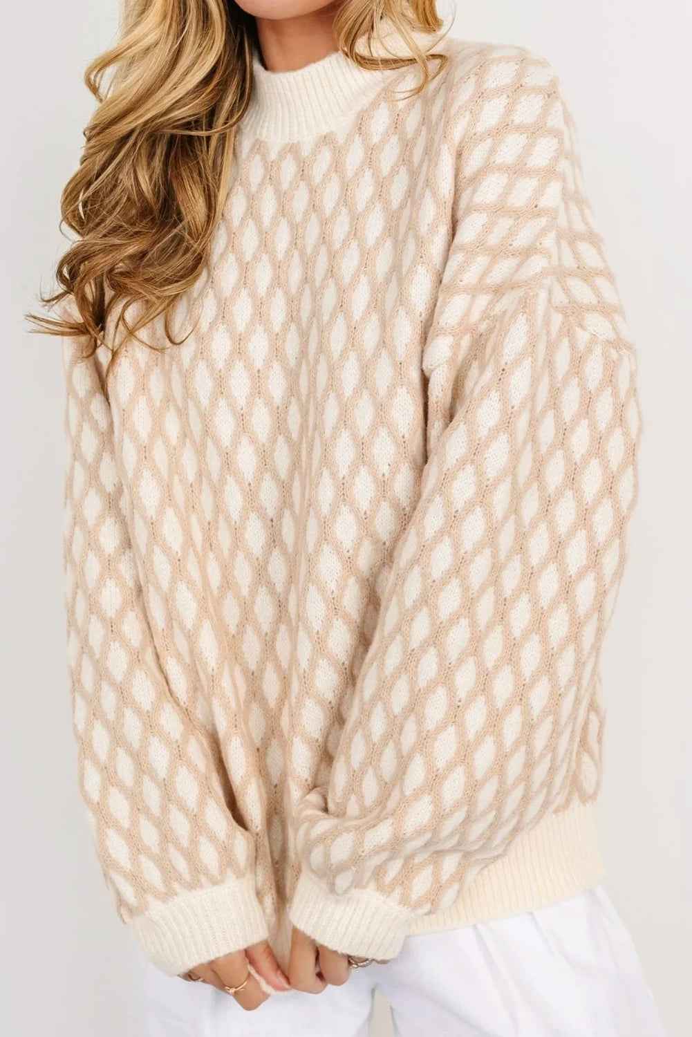 Oatmeal Rhombus Textured Knit Drop Sleeve Sweater a0c3c4f58076abe6