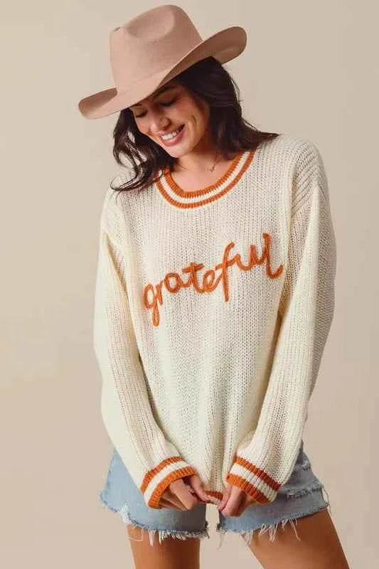 SO ME Thanksgiving Grateful Lettering Stitch Sweater a0daad9d88b04f63872121167f090b3d-Max-Origin