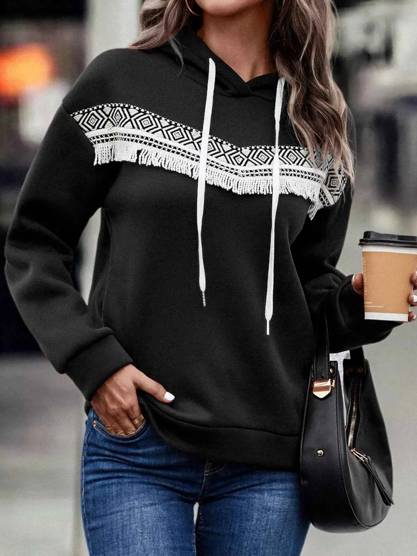 Fringe Detail Long Sleeve Drawstring Hoodie Black a0e180a5-d7bb-4507-9f73-b986be4fff4b-Max-Origin
