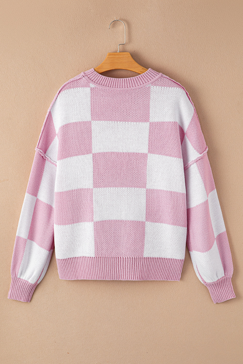 Pink Checked Bishop Sleeve Pullover Sweater a0ec247ac3af4f60